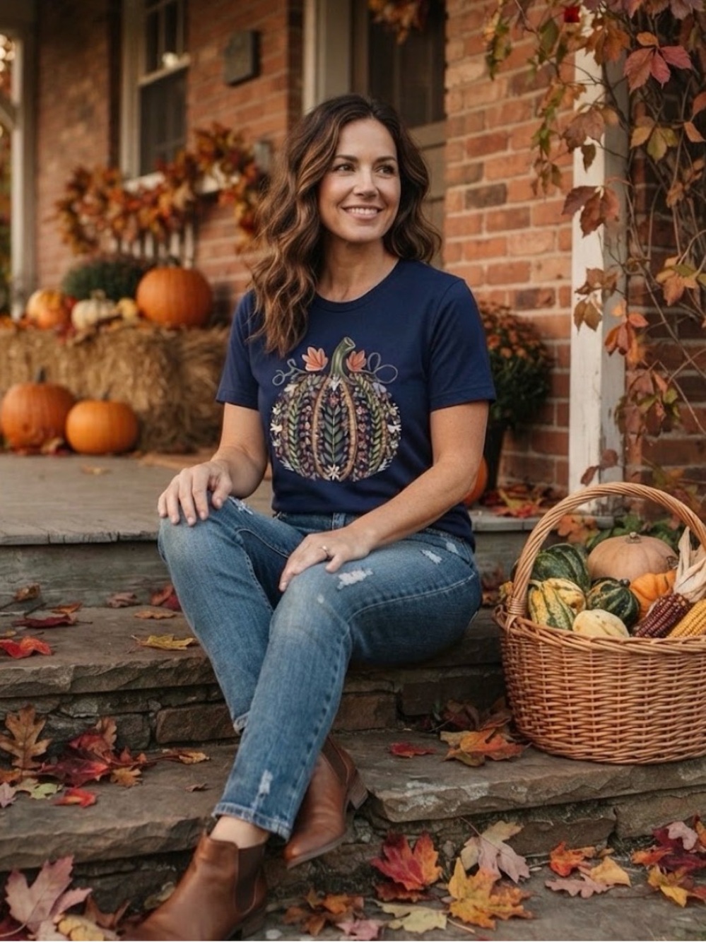 Navy Floral Pumpkin Graphic Tee -  Seasonal Home Accents